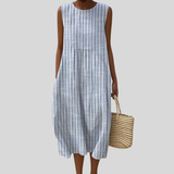 Vestido de linho riscas azuis claro
