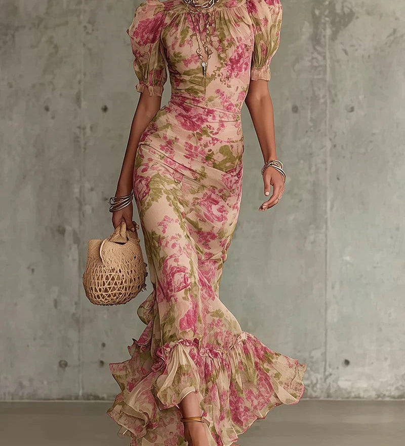 Lara - Vestido longo ajustado com padrão floral