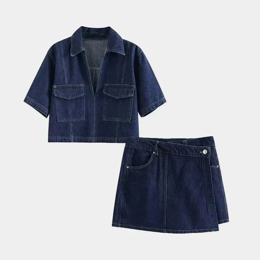 Conjunto de jeans com decote em V