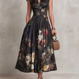 Elsa - Vestido midi plissado com padrão floral
