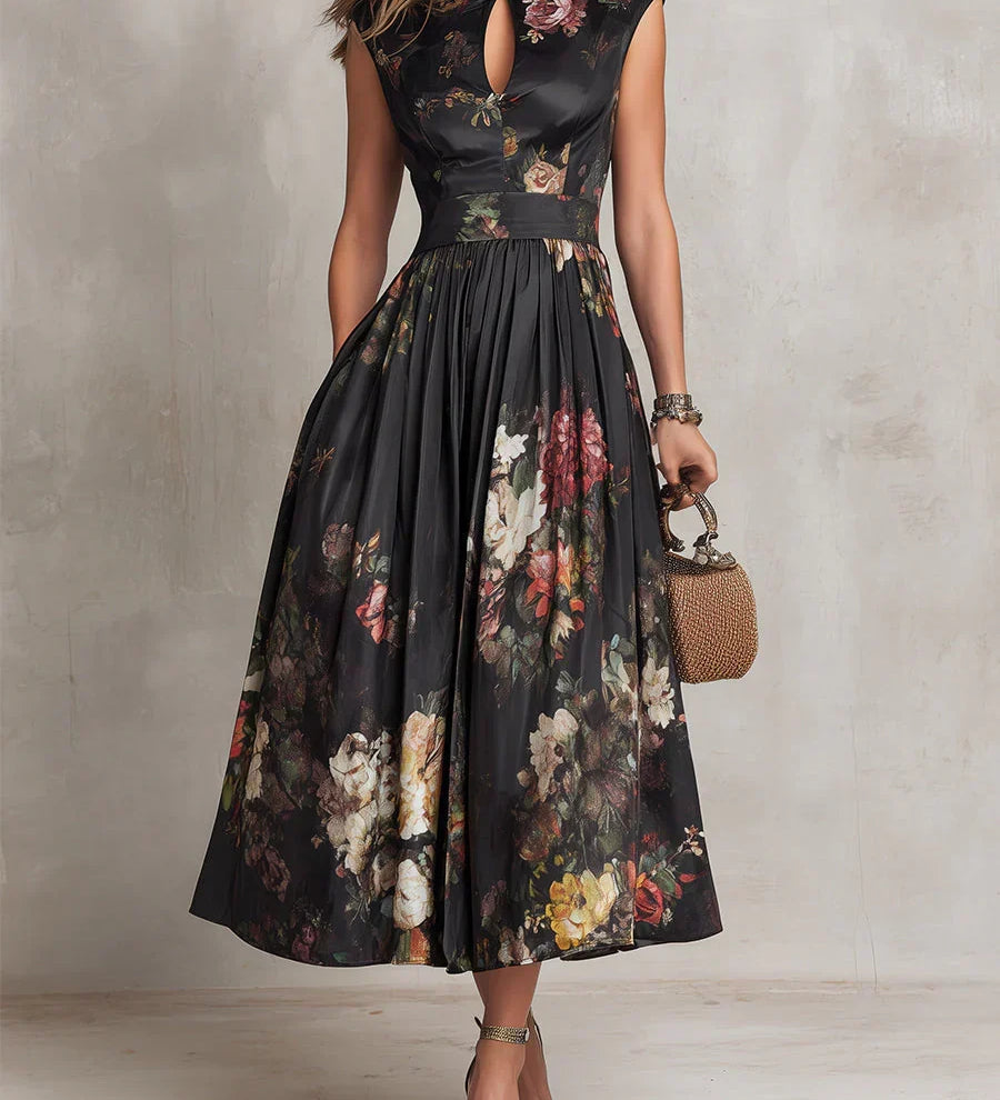 Elsa - Vestido midi plissado com padrão floral