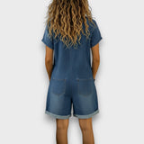 Cátia - Macacão curto vintage em algodão com aspeto de denim