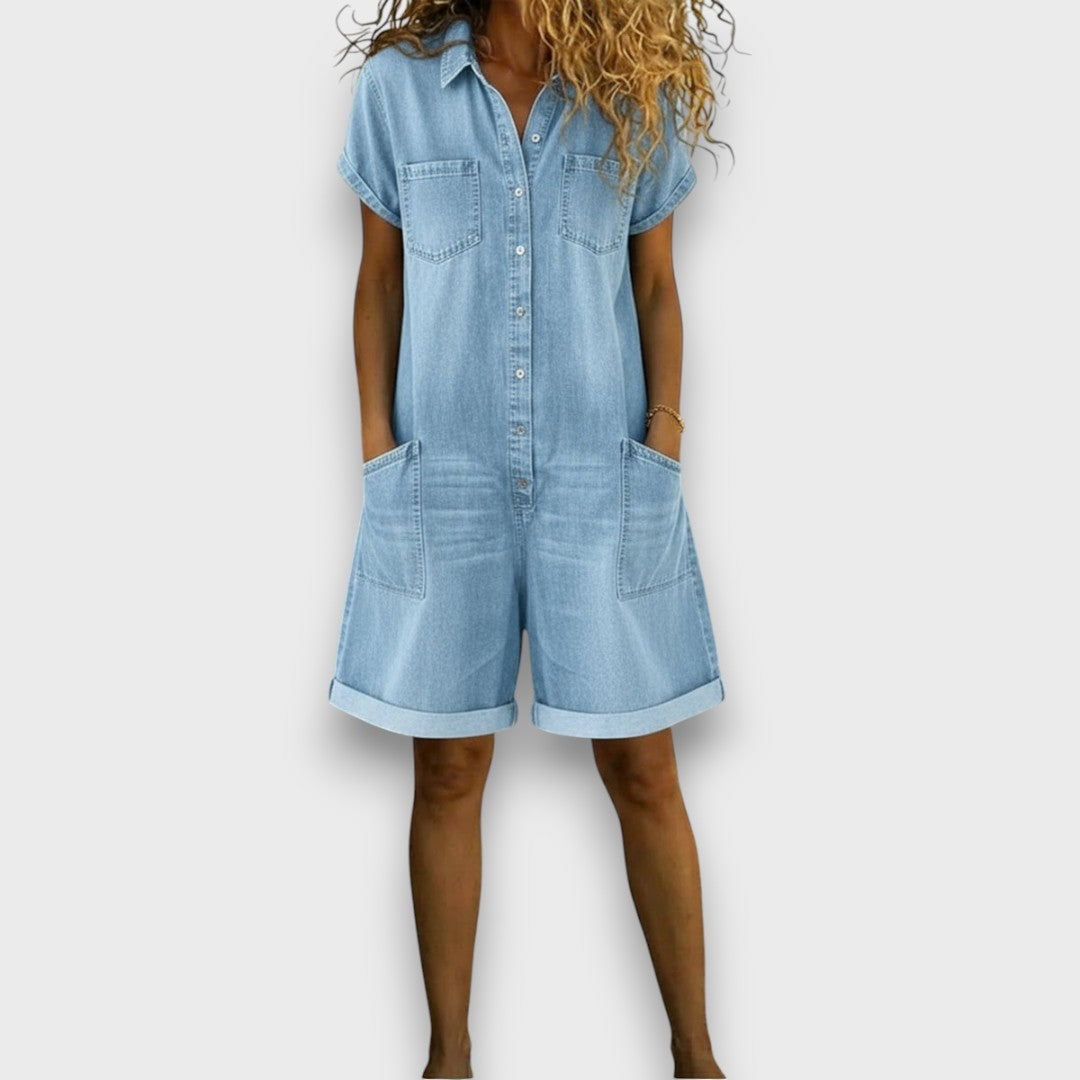 Cátia - Macacão curto vintage em algodão com aspeto de denim